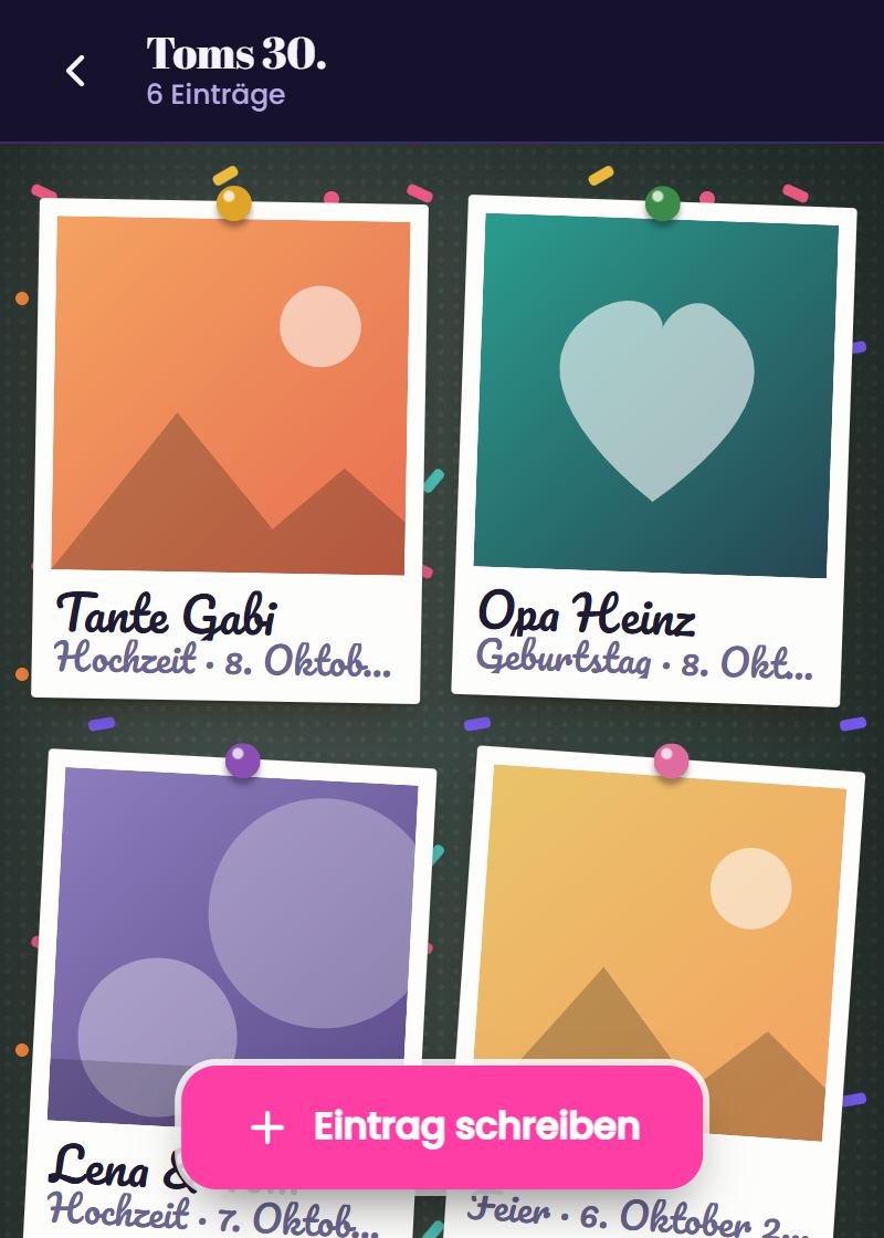Digitales Gästebuch zum Geburtstag im Party-Design mit Konfetti
