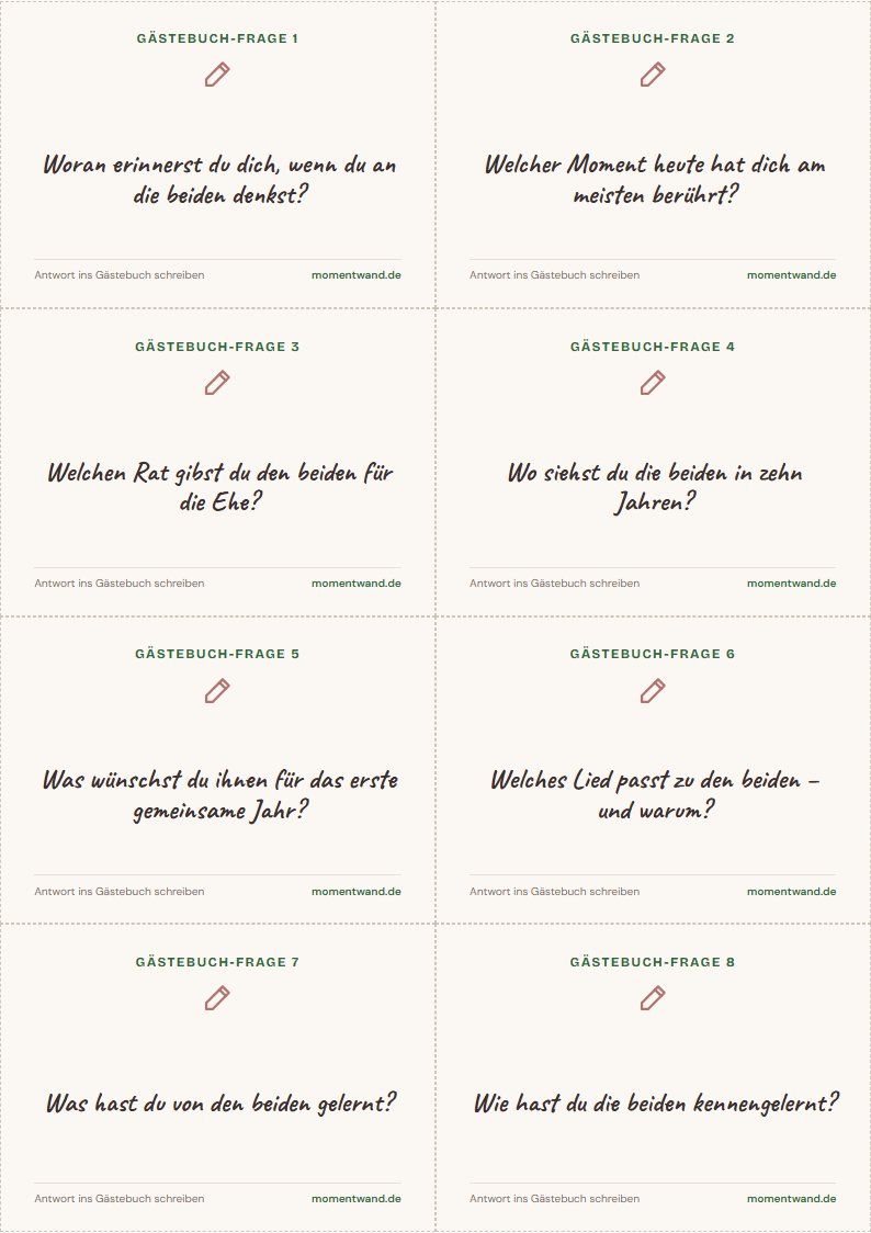 Vorlage mit Gästebuch-Fragen für die Hochzeit, 8 Karten pro A4-Seite